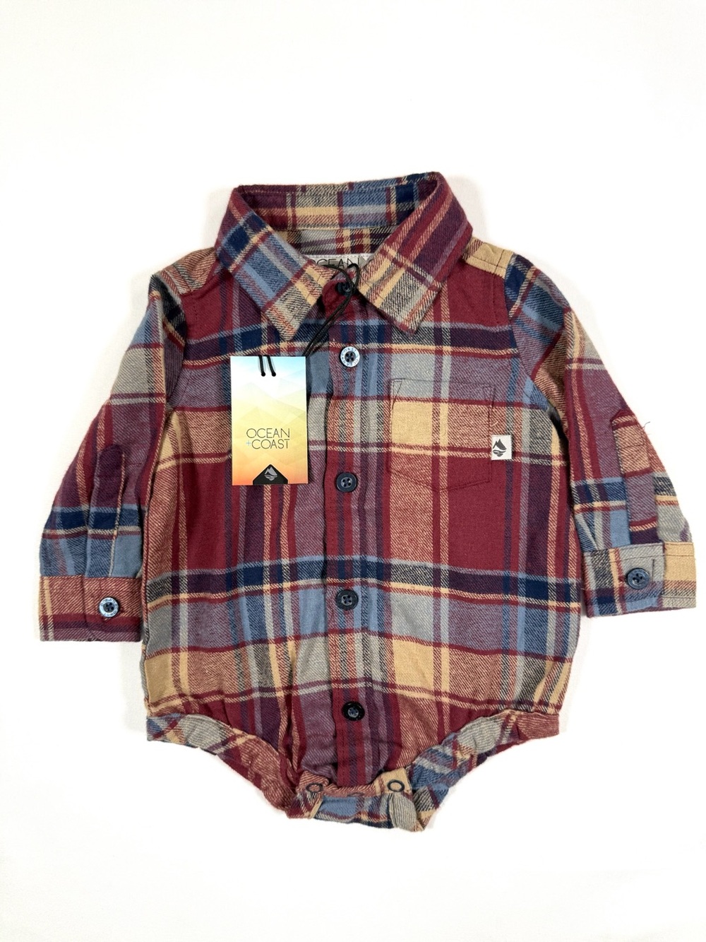 NWT OCEAN + COAST Plaid Flannel Romper Baby Boy Size 3M Long Sleeve Snap Bottom